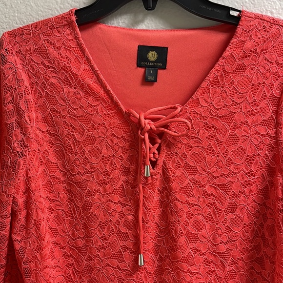 L)  JM Collection Lace Long Sleeve V- Neck Front zip zack string Tye Coral - Picture 3 of 9